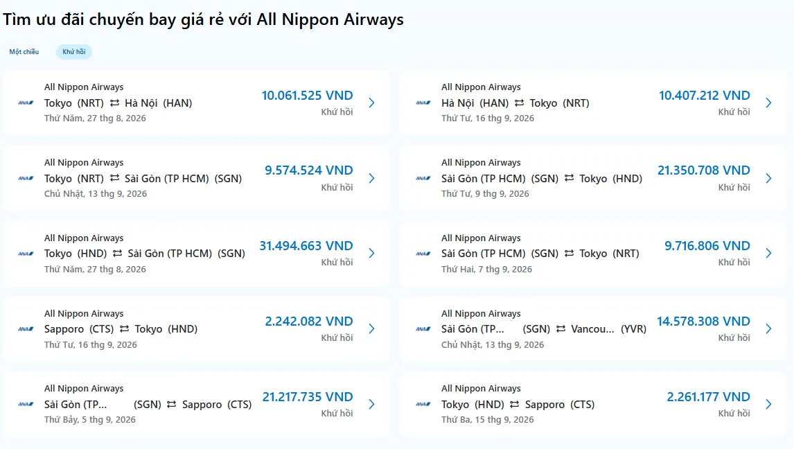 Danh sách vé All Nippon Airways trên Traveloka với nhiều chặng bay và mức giá