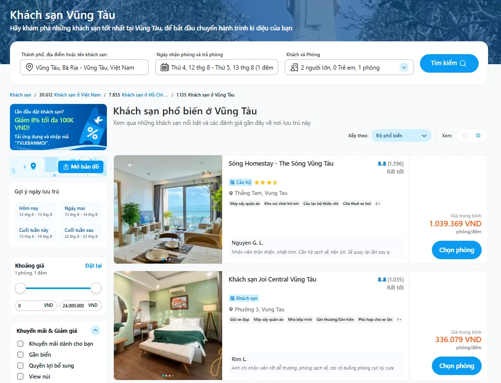 Giao diện Traveloka hiển thị danh sách khách sạn phổ biến ở Vũng Tàu