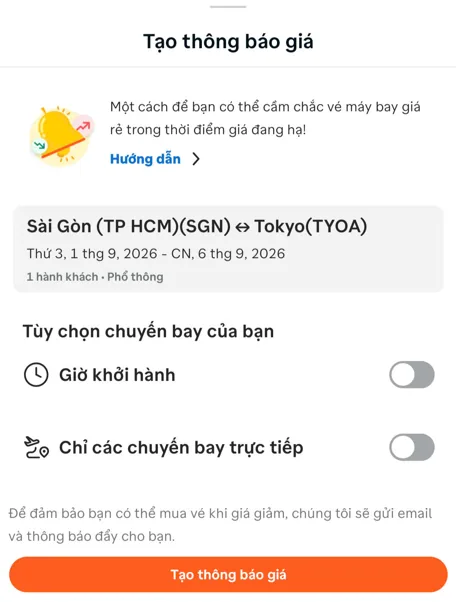 Màn hình tạo thông báo giá vé máy bay từ Sài Gòn đến Tokyo trên Traveloka