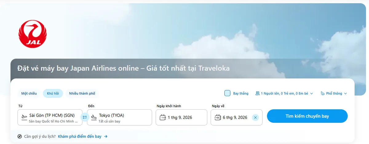 Giao diện Traveloka tìm vé máy bay Japan Airlines từ Sài Gòn đến Tokyo