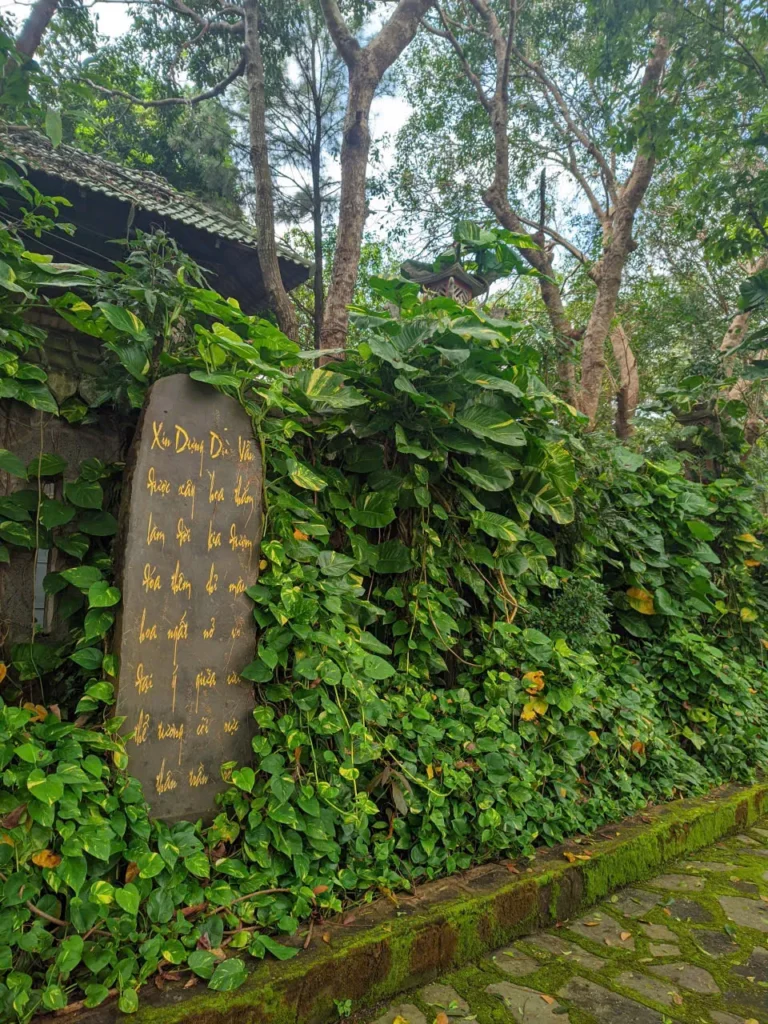 Tấm bia đá phủ rêu phong nép mình bên giàn cây xanh tại Suối Son