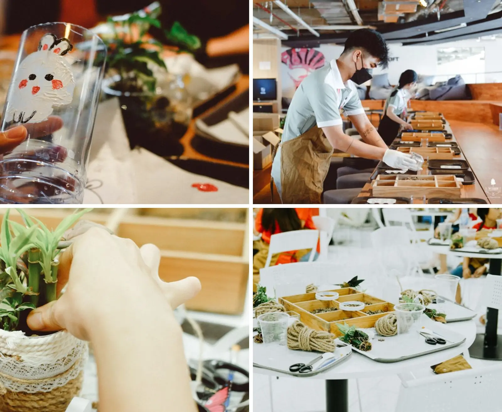 Khách vẽ trang trí chai nhựa và quấn dây thừng làm chậu cây tại Recycling Workshop 9X Garden