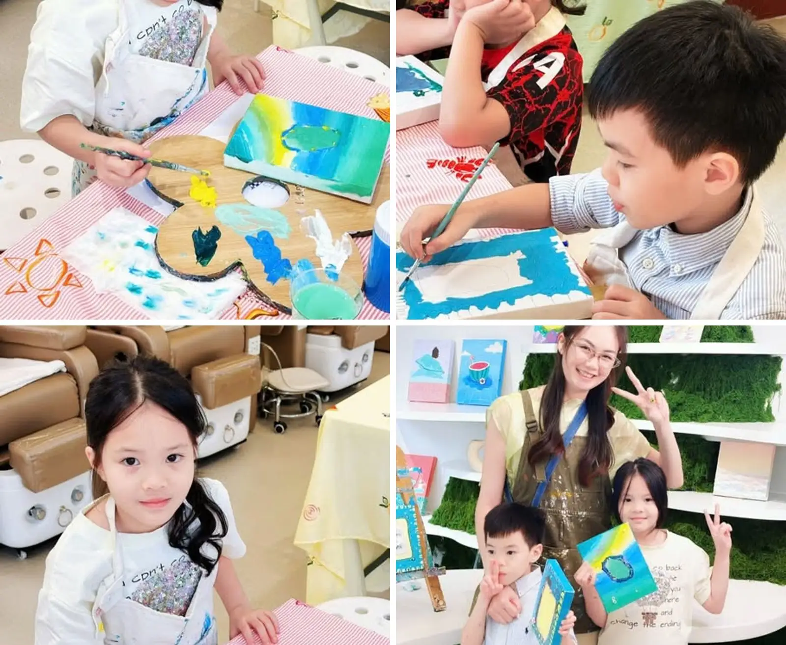 Trẻ em và học viên vẽ tranh trong một buổi workshop tại Flower M Art