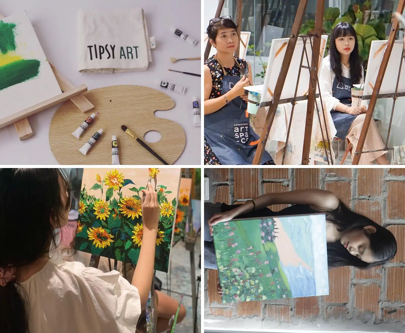 Dụng cụ vẽ, học viên và tranh hoàn thiện tại không gian Tipsy Art Quận 1